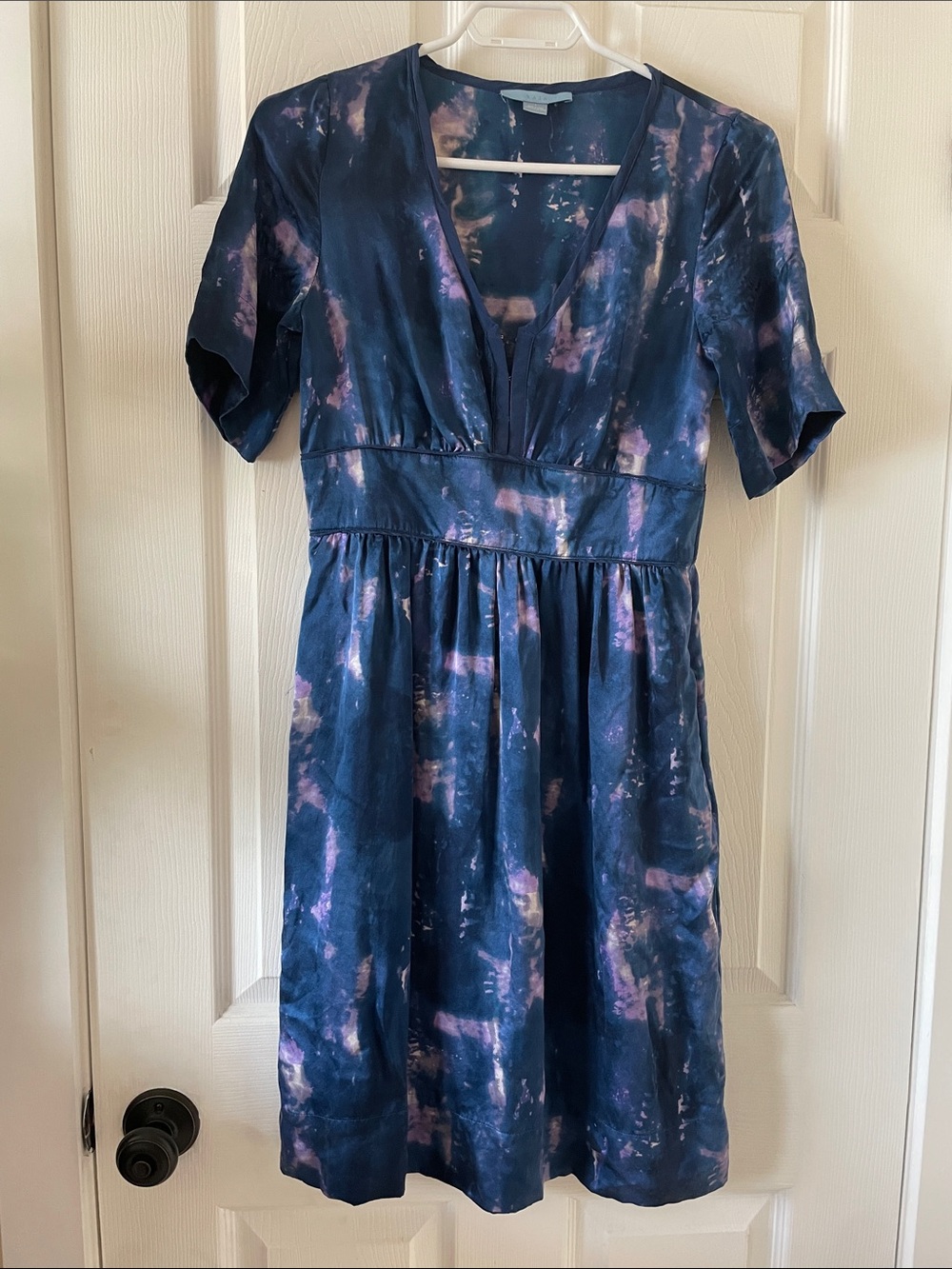 Small repair needed- navy blue and purple tie dyed 100% silk dress
